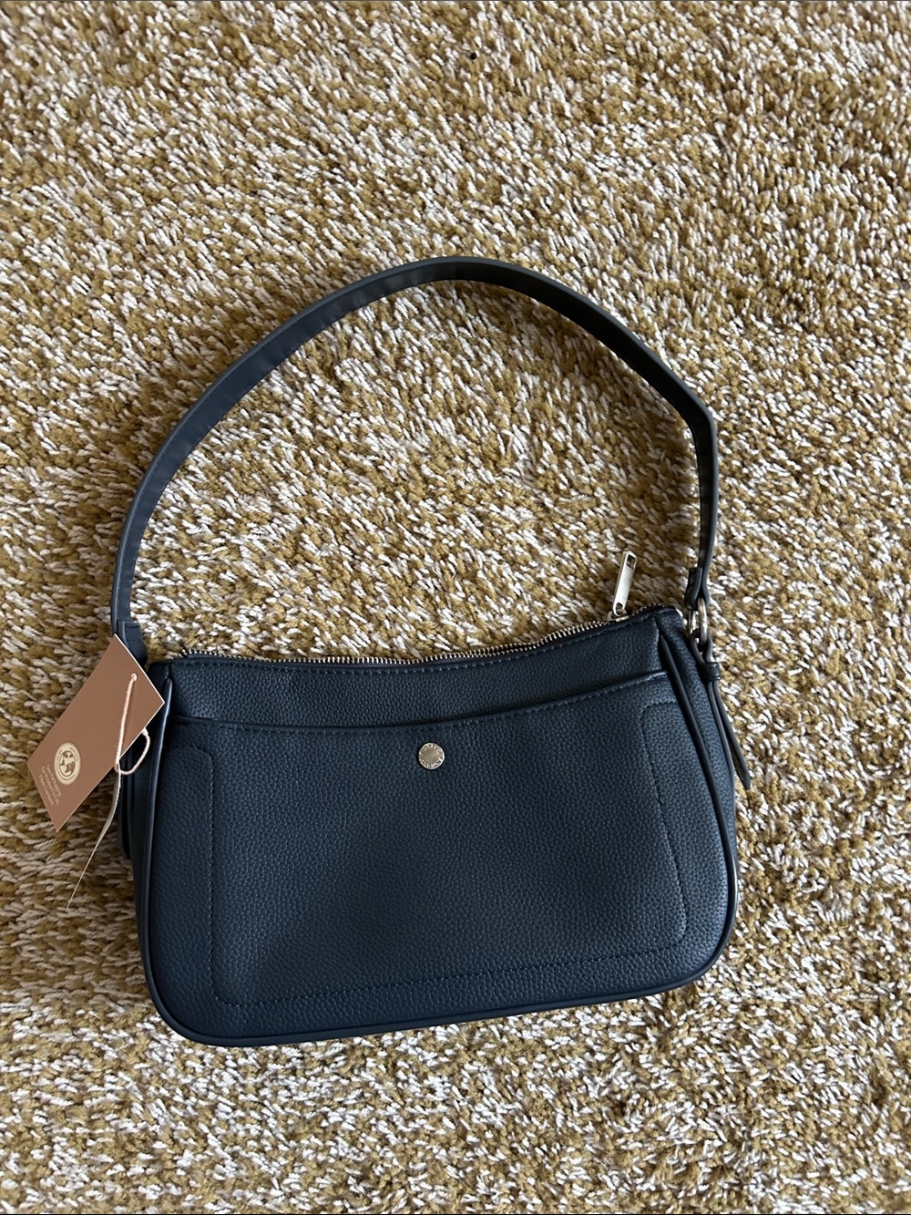Pebbled Black Shoulder Bag with Front Pocket - Unbranded
